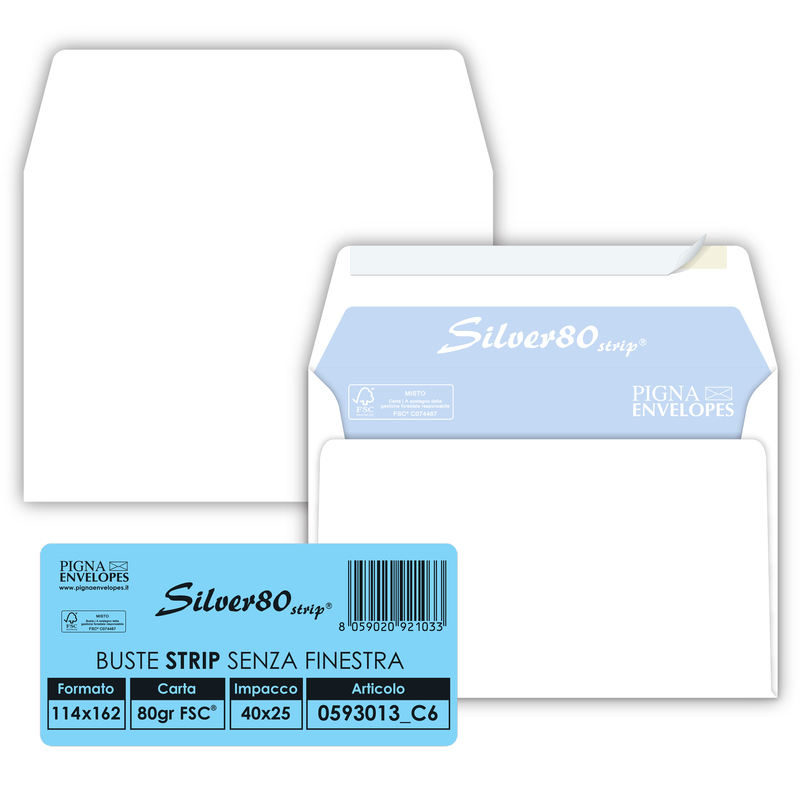 25 busteSILVER80 STRIP FSCRbianca internografata s/finestra114x162mm80gr Pigna E