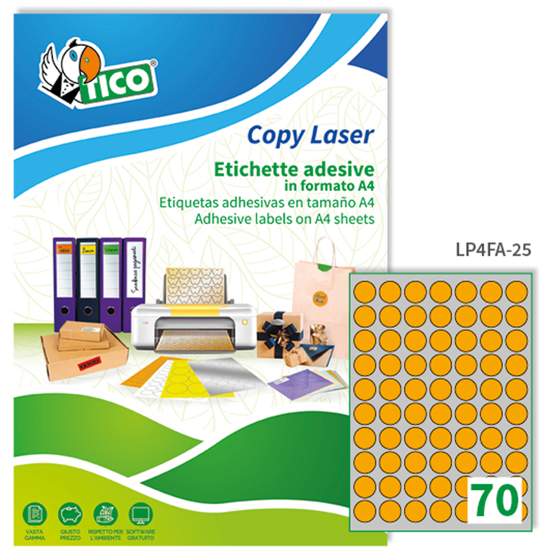 Etichetta adesiva arancio fluo 70fg A4 tonda Ã25mm (70et/fg) Tico