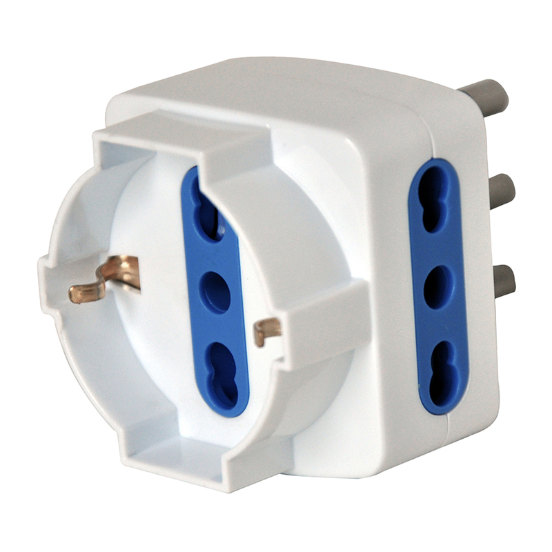 ADATTATORE TRIPLO CON SPINA 2P+T 16A - 2 PRESE 10/16A + 1 SCHUKO