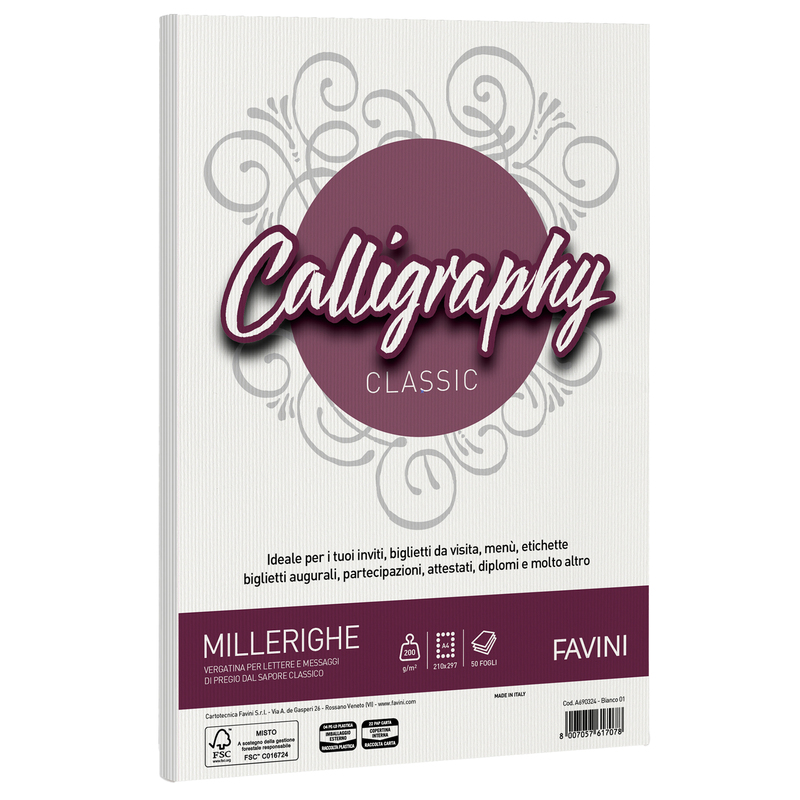 Carta CALLIGRAPHY MILLERIGHE 200gr A4 50fg bianco 01 FAVINI