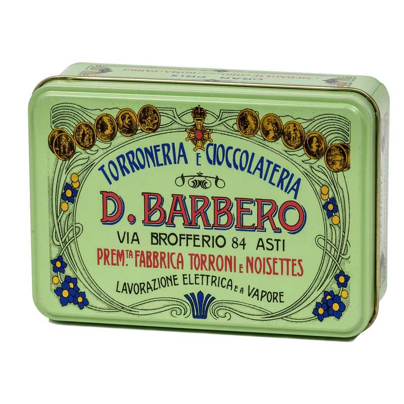 Scrigno regalo verde in metallo con torroni ricoperti friabili 100gr Barbero