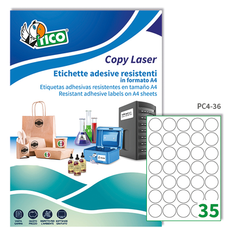 Poliestere adesivo PC4 trasparente 100fg A4 Ã36mm (35et/fg) laser Tico