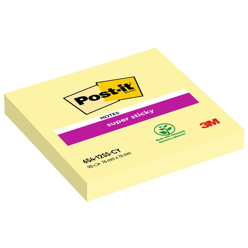BLOCCO 90foglietti Post-itÂ® Super Sticky Giallo CanaryÂ 76x76mm 654-12SS-CY