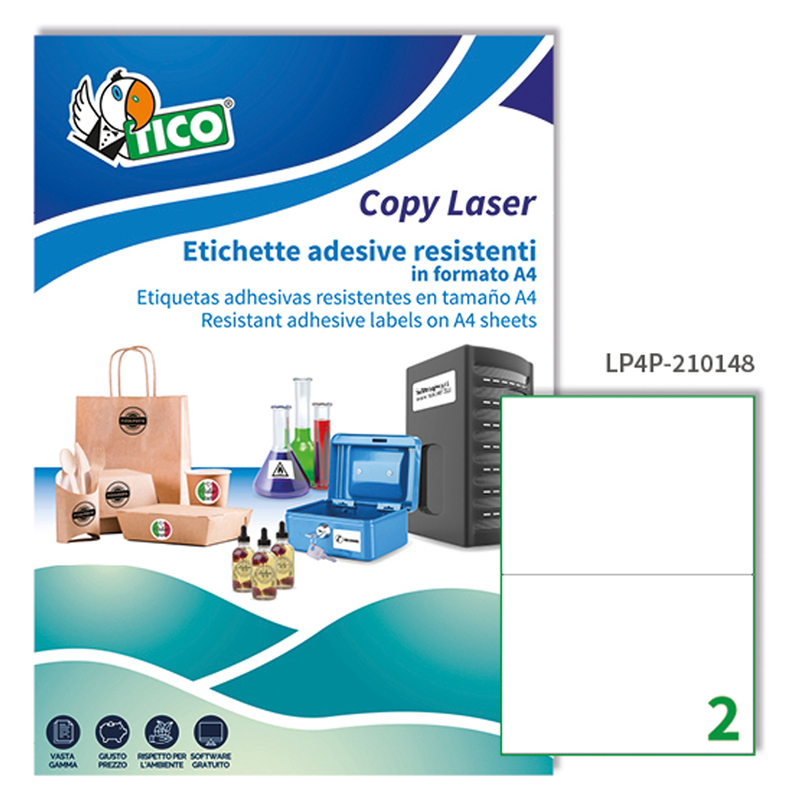 Poliestere adesivo LP4P bianco 70fg A4 210x148mm (2et/fg) laser Tico