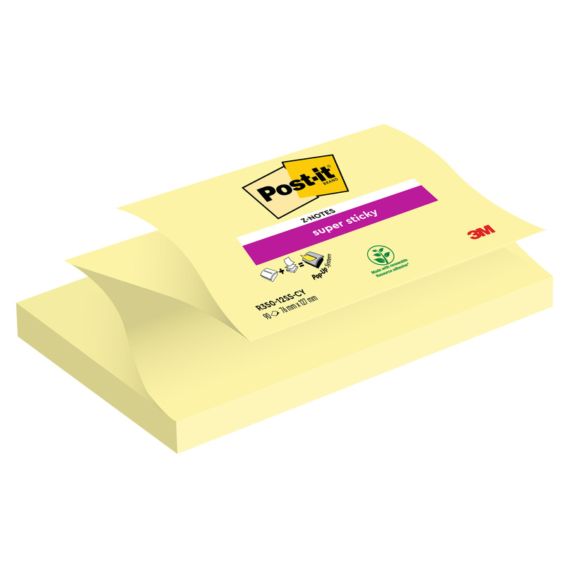 BLOCCO 90foglietti Post-itR Super Sticky Z-Notes Canary76x127mm R350-123SS-CY