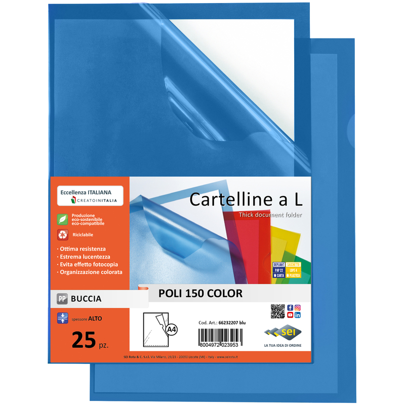 25 CARTELLINE A L 21X29,7 BLU POLI 150 COLOR PPL B.A. SEI