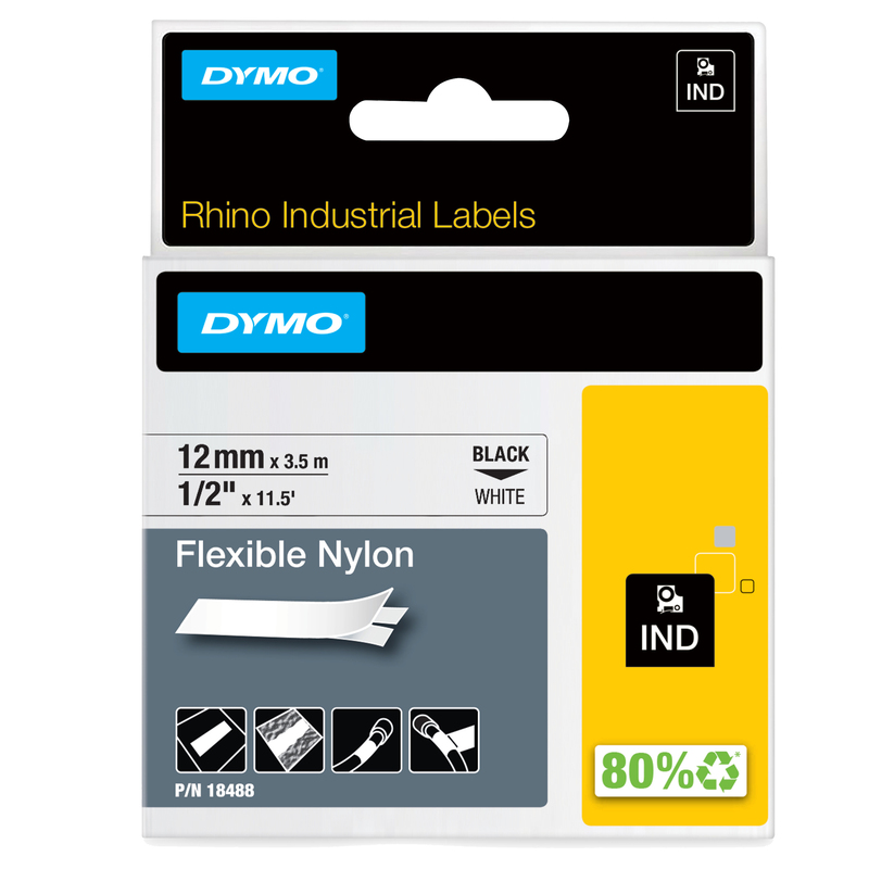 NASTRO NYLON FLESSIBILE 12mm x 3.5mt nero su bianco 18488 RHINO