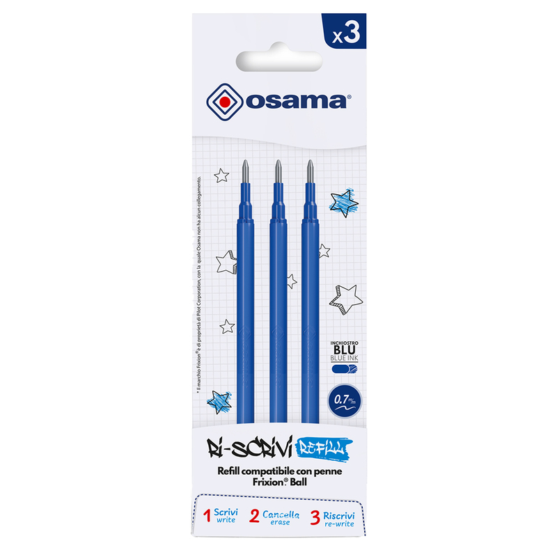 Set 3 refill inchiostro gel RiSCRIVI cancellabile 0,7mm blu OSAMA