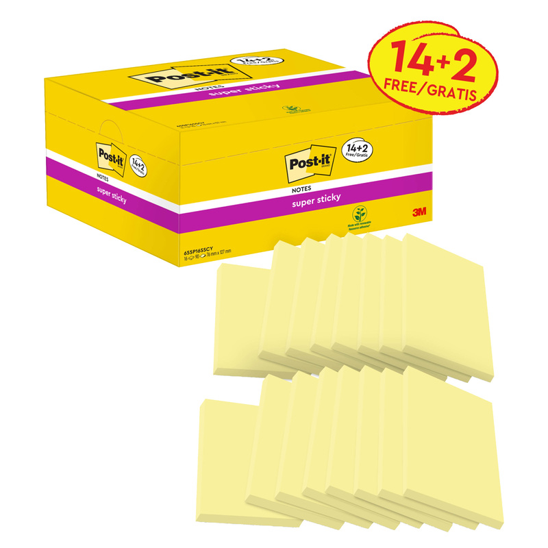 VALUE PACK 14+2 BLOCCO 90fg Post-itR Super Sticky Giallo Canary 76x127mm